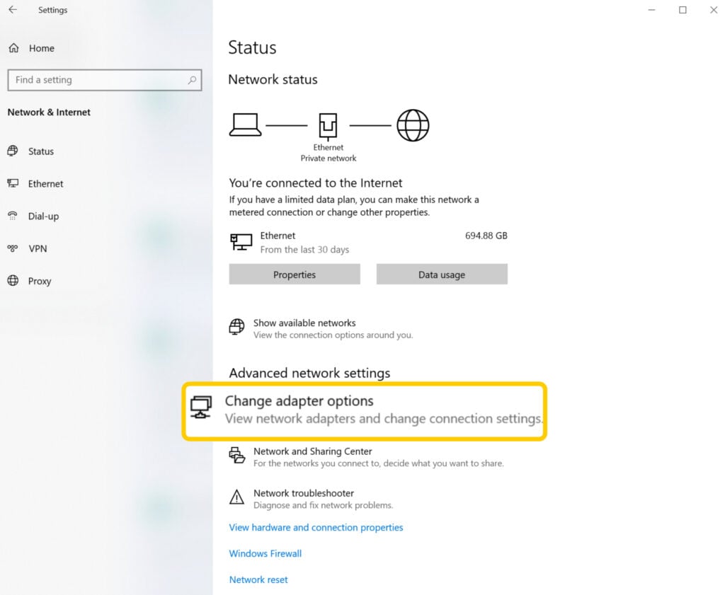 Screenshot of the "Network Status" page on Windows, with the "Change adapter options" tab enlarged and highlighted