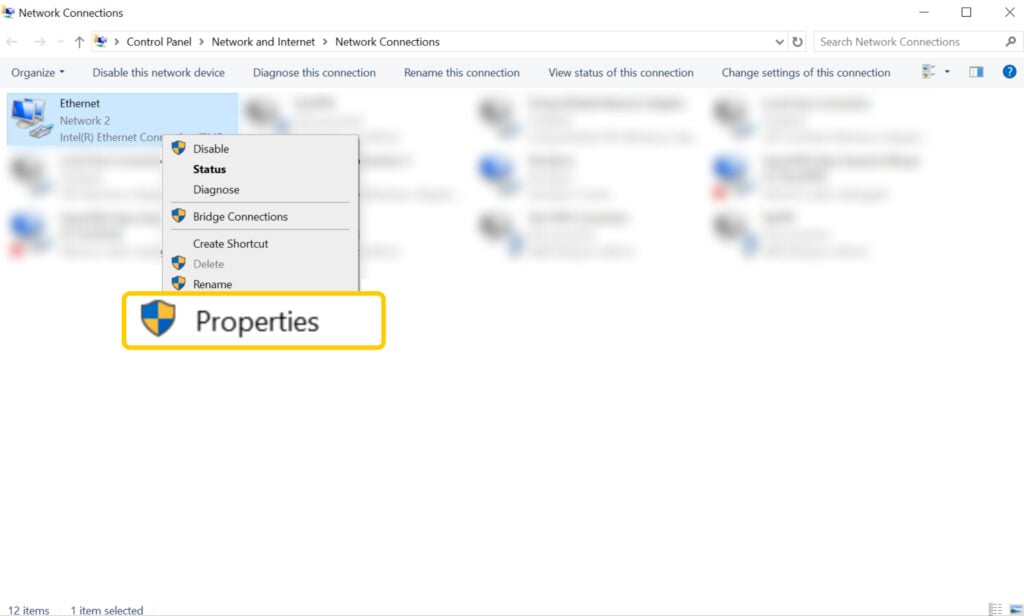 Screenshot of available network adapters on Windows. One of the adapters has been right-clicked to access its settings, and the "Properties" tab is enlarged and highlighted.