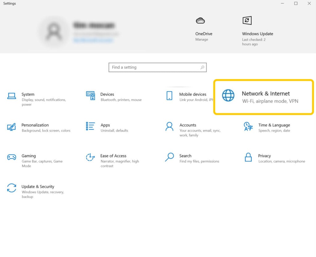 Screenshot of the Settings app on Windows, with the "Network & Internet" tab enlarged and highlighted.