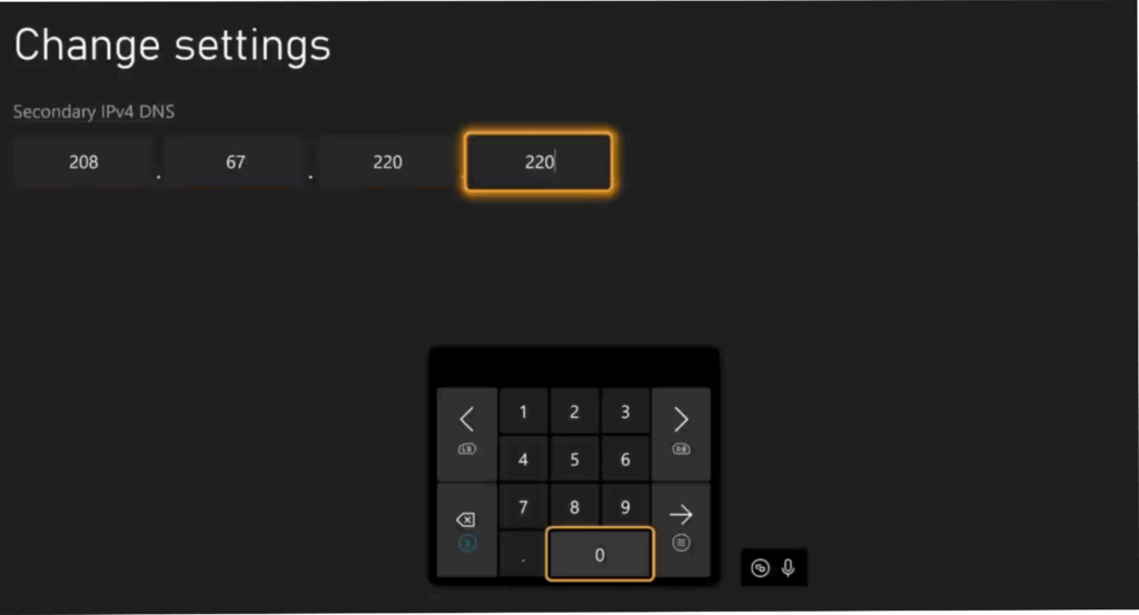 Screenshot showing how a secondary DNS address is types in on an Xbox Series X.