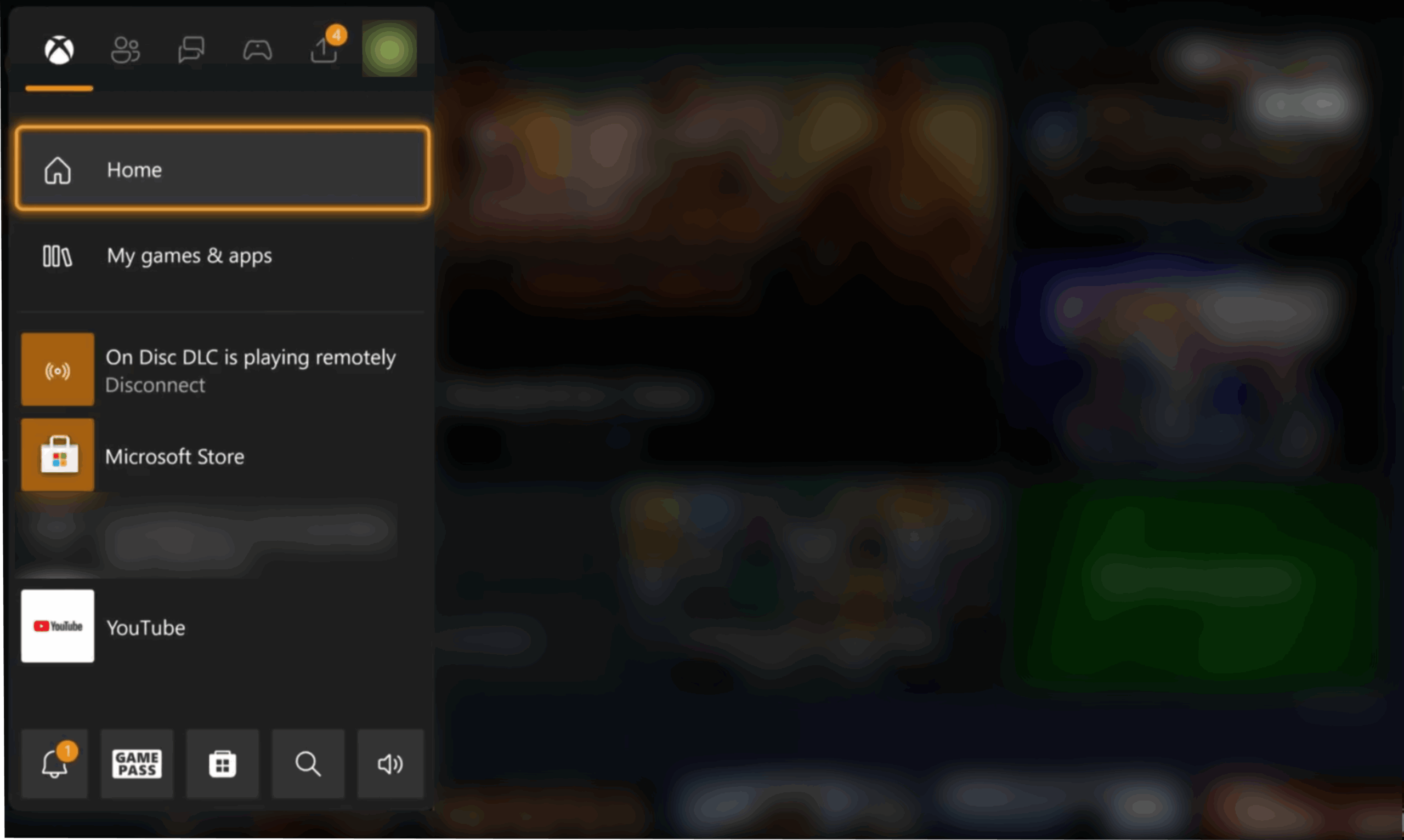 Screenshot of an Xbox Series X home screen, with the Guide opened
