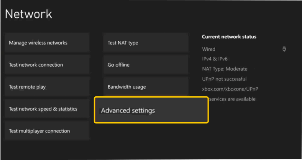 Screenshot of the "Network" page on an Xbox Series X, with the "Advanced settings" option enlarged and highlighted.