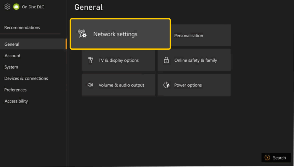Screenshot of the "General" tab on Xbox Series X's settings, with the "Network settings" option enlarged and highlighted.