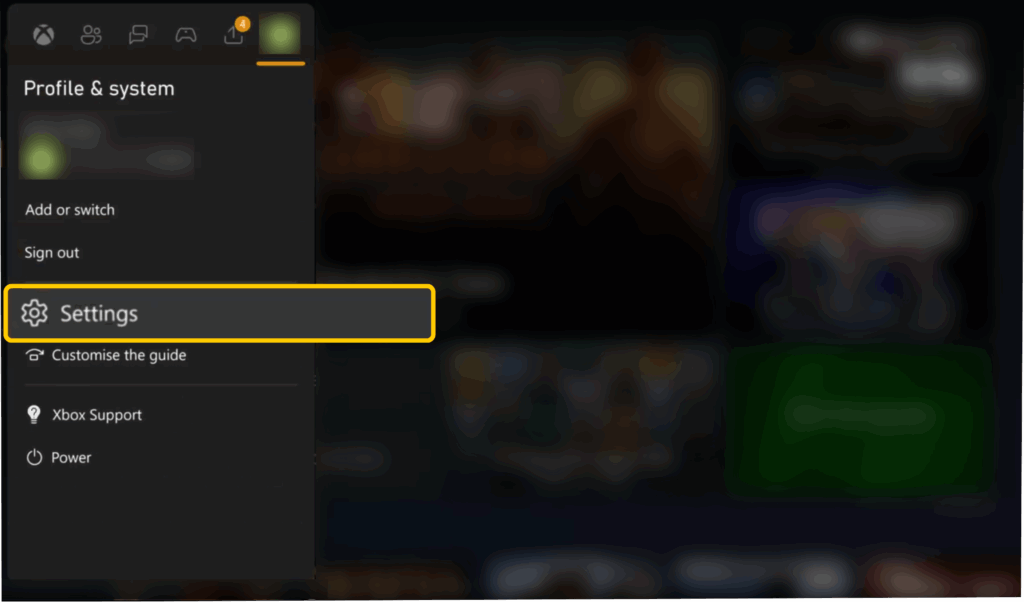 Screenshot of the Xbox Series X Guide, with the "Settings" option enlarged and highlighted.