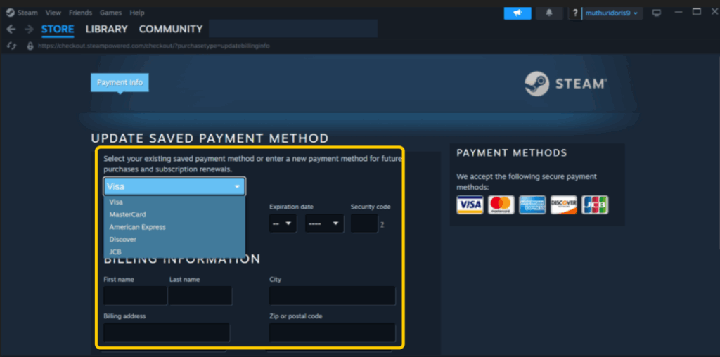 A screenshot showing how to and where to enter your payment details