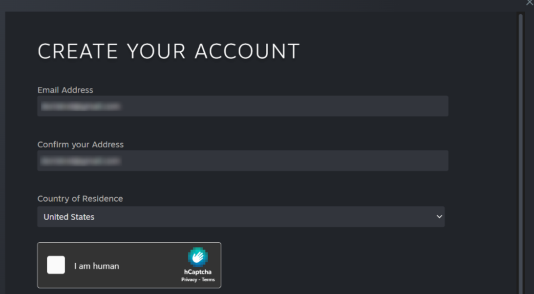 A screenshot showing how to create a new account on Steam