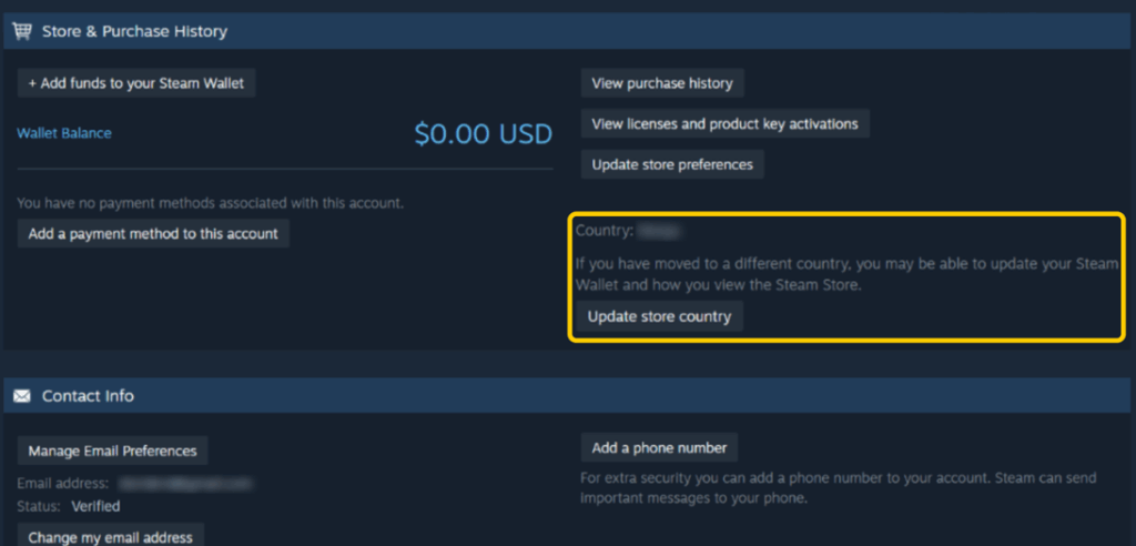 A snapshot showing how to check your assigned country on Steam