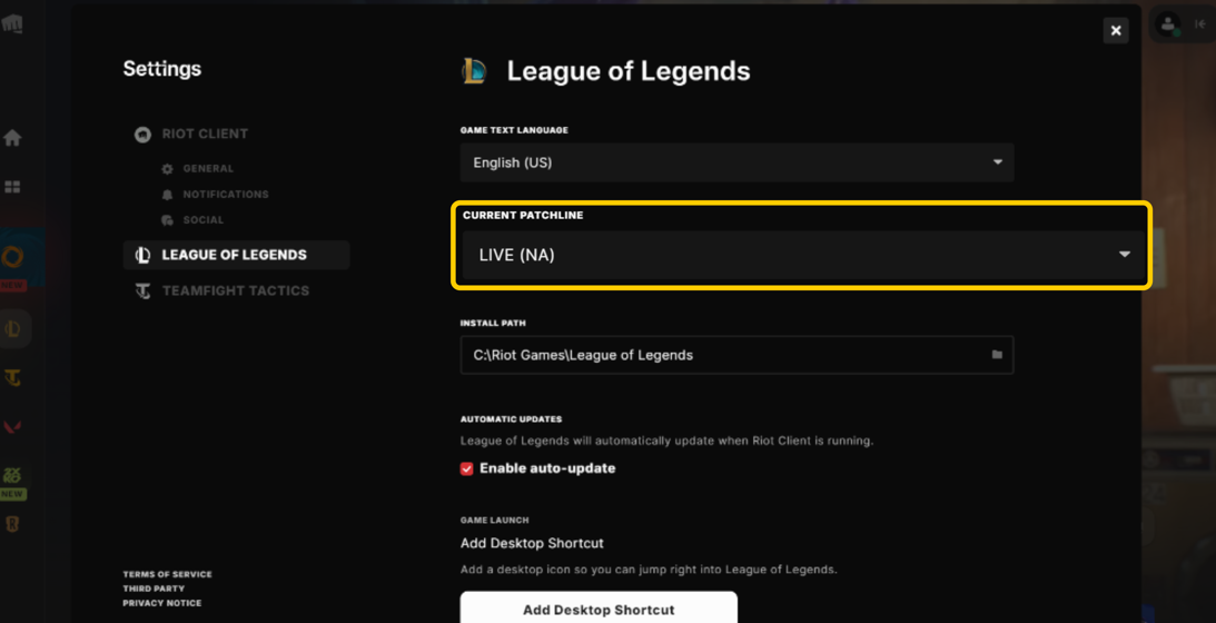 League of Legends settings screen with the LIVE (NA) region highlighted