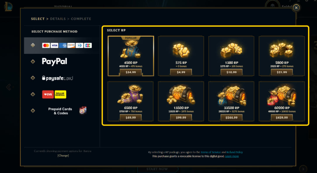 League of Legends store screen showing RP purchase options and prices