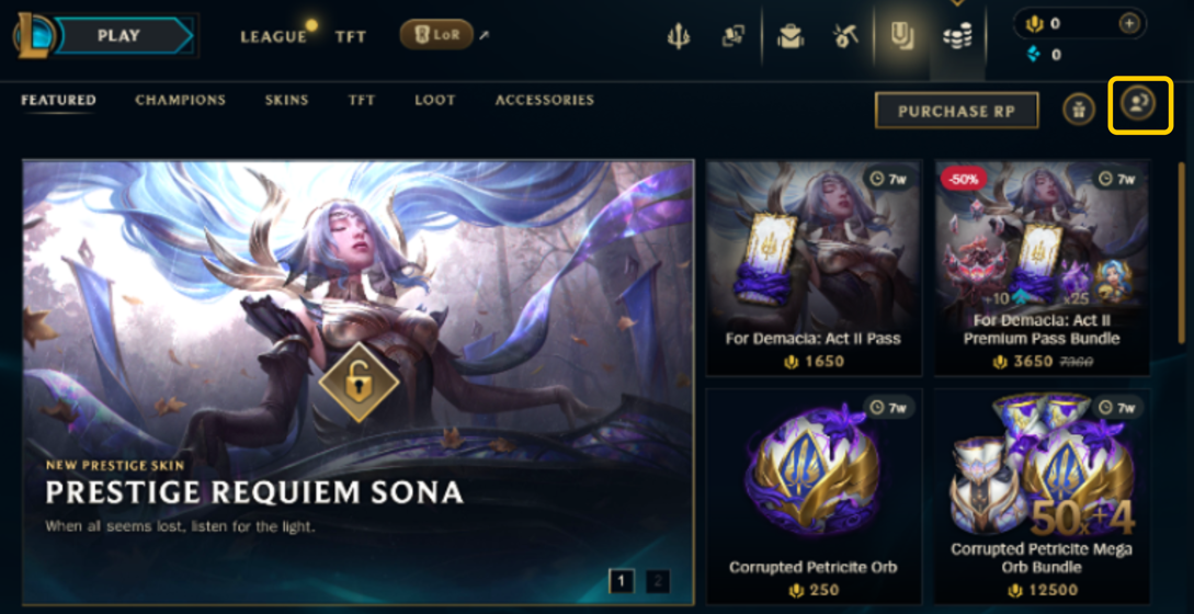 League of Legends store screen showing how to access your account