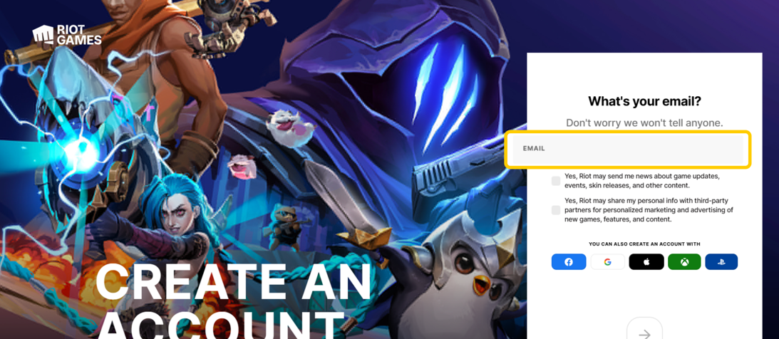 Riot Games account creation screen showing where to enter your email to sign up