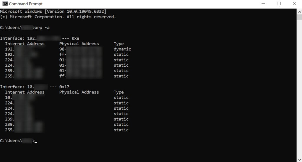 Screenshot showing the Command Prompt on Windows 10. The "arp -a" command was typed and entered, which resulted in the computer's ARP cache being displayed.