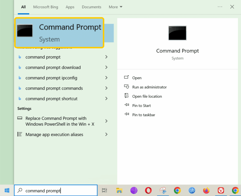 Screenshot of the Start Menu on Windows 10. The text "command prompt" is typed in the search bar, and the "Command Prompt" search result is highlighted and enlarged.