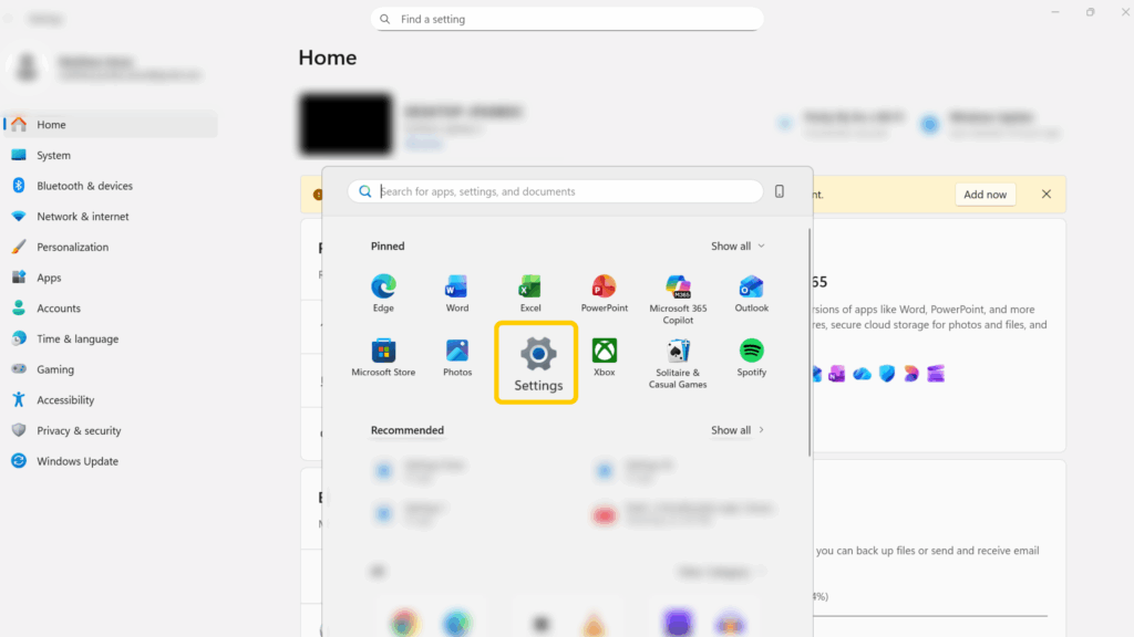Screenshot of the Start button screen on a Windows device highlighting where to access the settings option