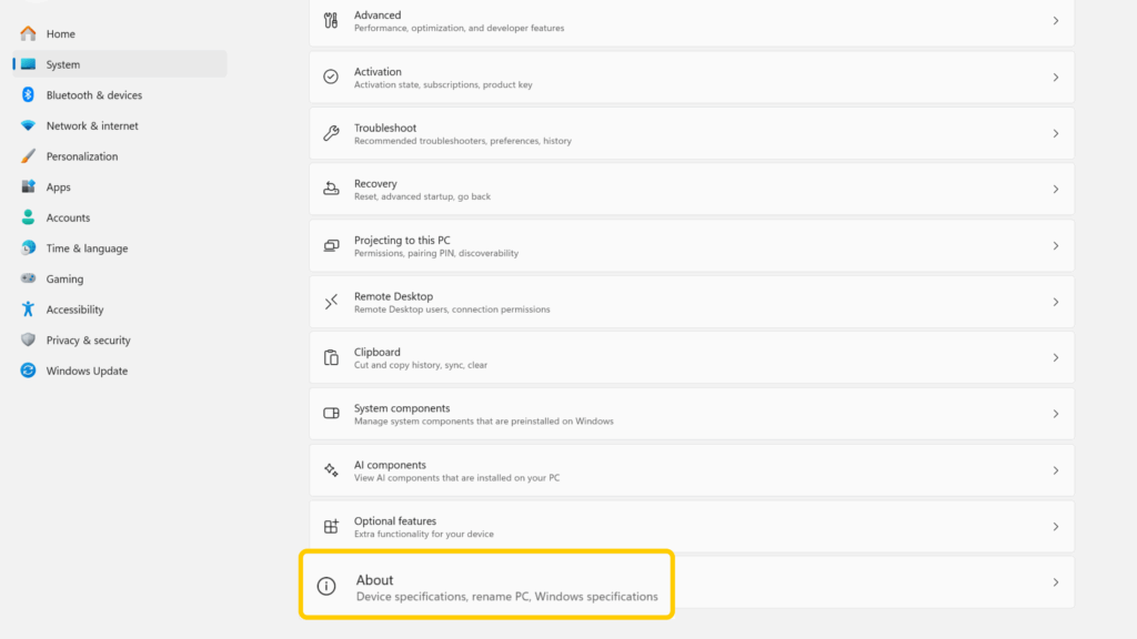 Screenshot of a Windows device displaying the System settings highlighting how to access the About section
