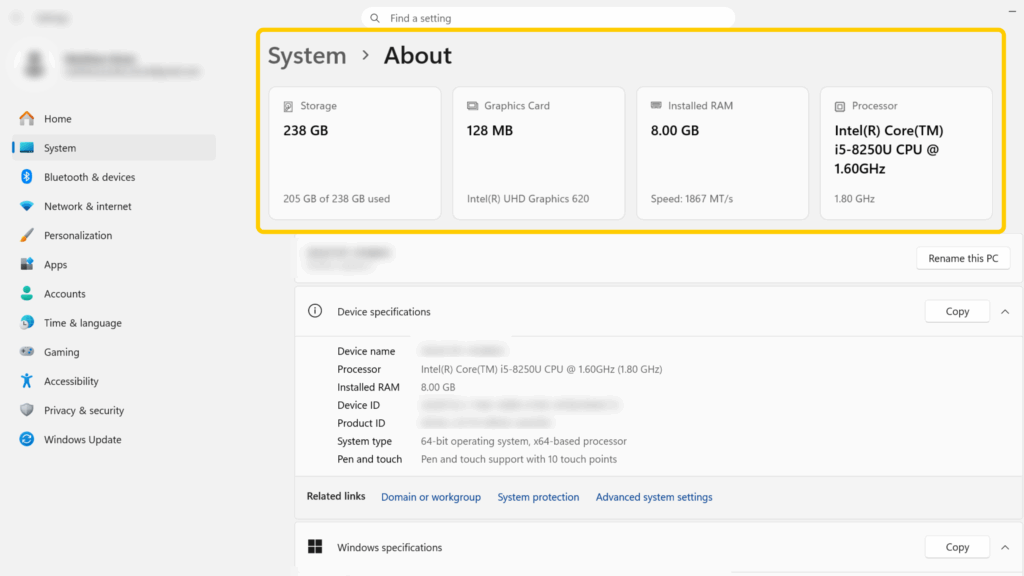 Screenshot of a Windows device's System>About page highlighting the device's specs
