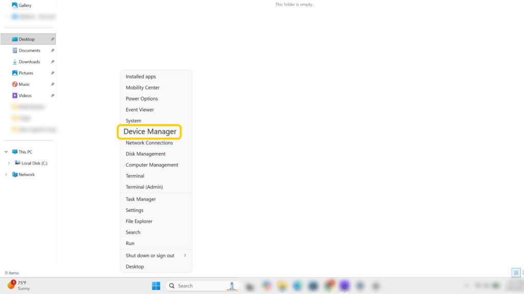 Screenshot of a Windows Device displaying how to access the device manager from the Start button
