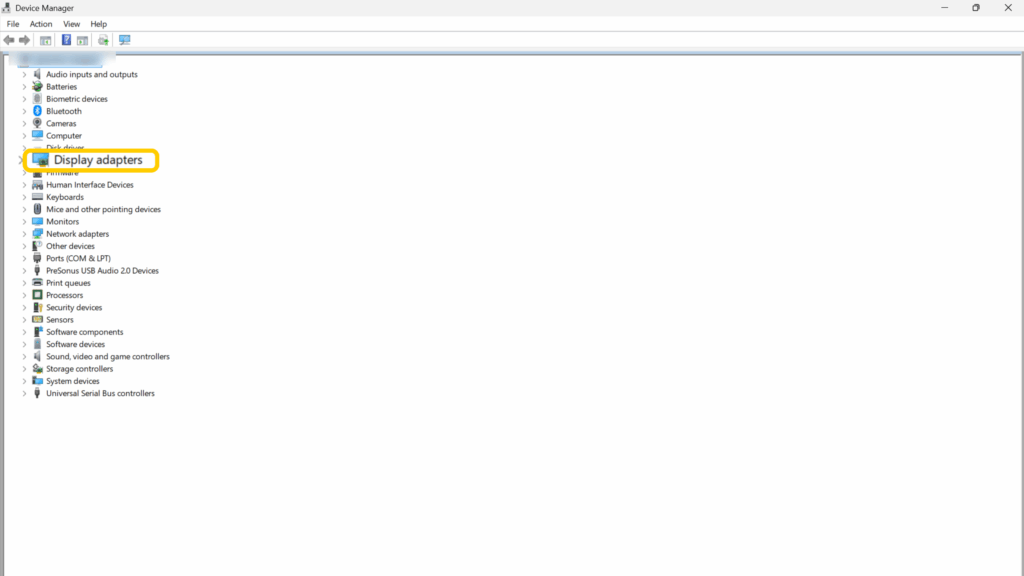 Sceenshot of a Windows device's Device Manager screen highlighting the Display Adapters button