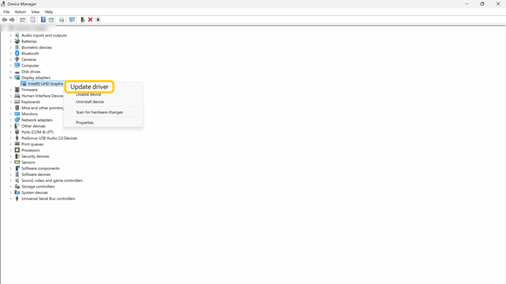 Screenshot of a Windows device's Device Manager screen highlighting the Update driver option