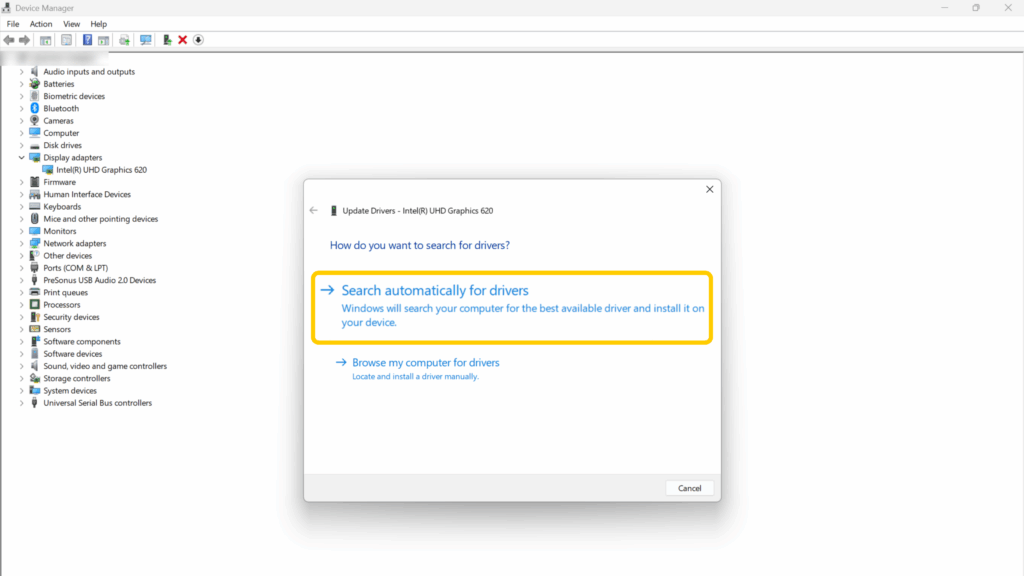 Screenshot of a Windows device's Device Manager screen highlighting the Search automatically for drivers option