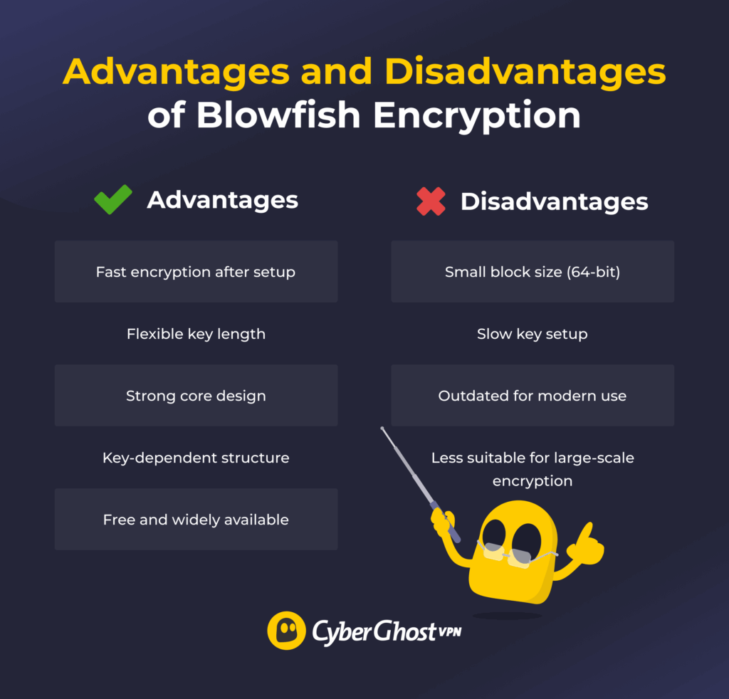 Infographic comparing the advantages and disadvantages of Blowfish encryption
