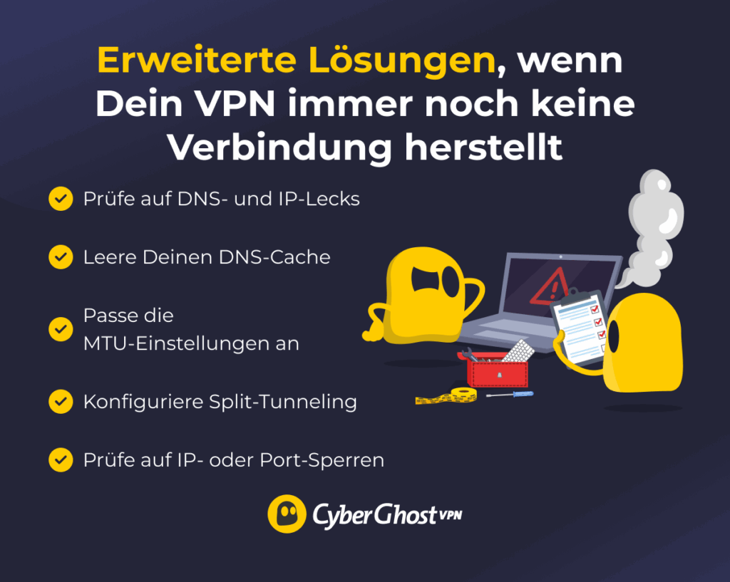 Eine Liste mit weiterführenden Tipps zur Fehlerbehebung bei nicht funktionierender VPN-Verbindung