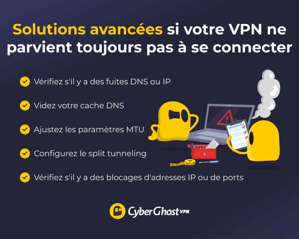Une liste de conseils de dépannage plus avancés pour les cas où la connexion VPN ne fonctionne pas