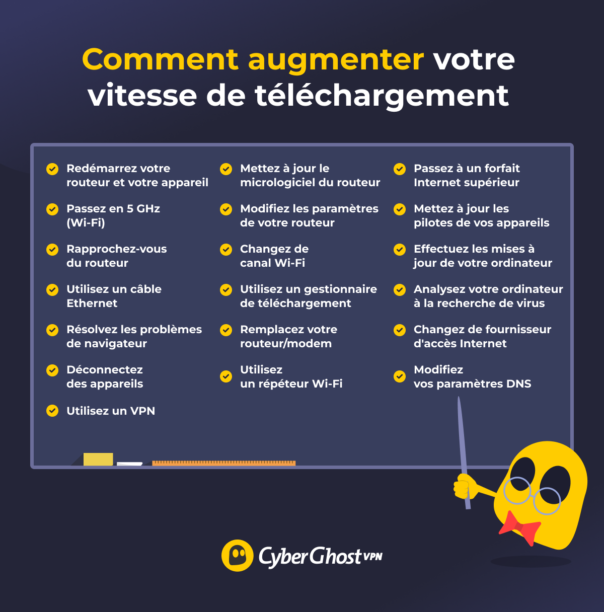 Image d'un petit fantôme en train d'écrire au tableau plusieurs astuces pour augmenter la vitesse de téléchargement.
