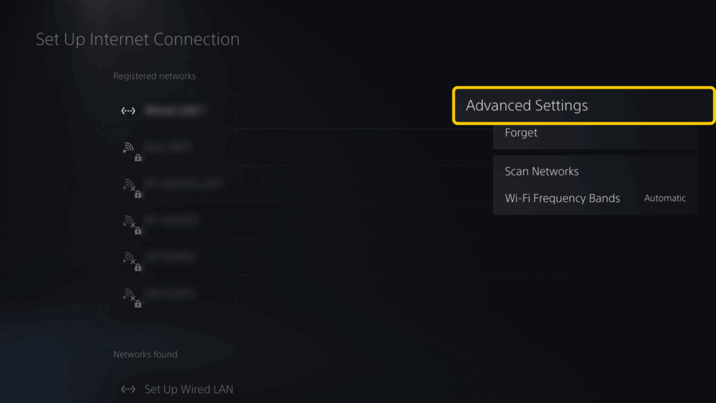 Screenshot highlighting advanced internet connection settings on PS5