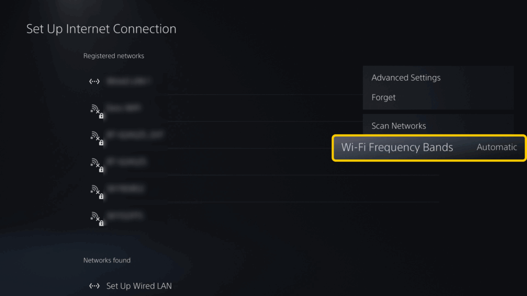 Screenshot of internet connection settings on PS5, highlighting Wi-Fi Frequency Bands