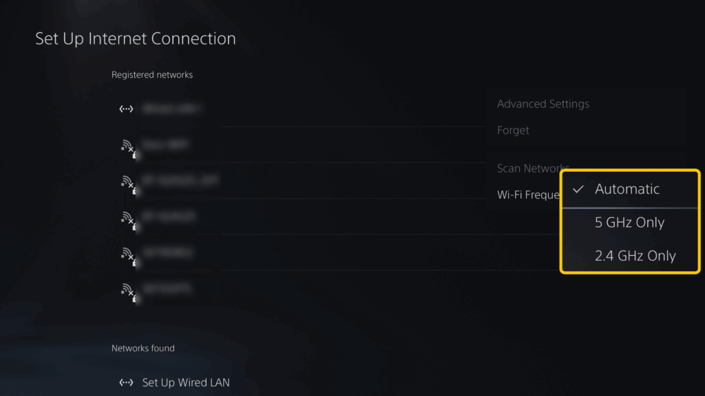 Screenshot showing available Wi-Fi Frequency Band options on PS5