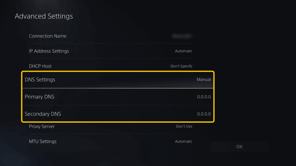 Screenshot highlighting DNS settings on PS5