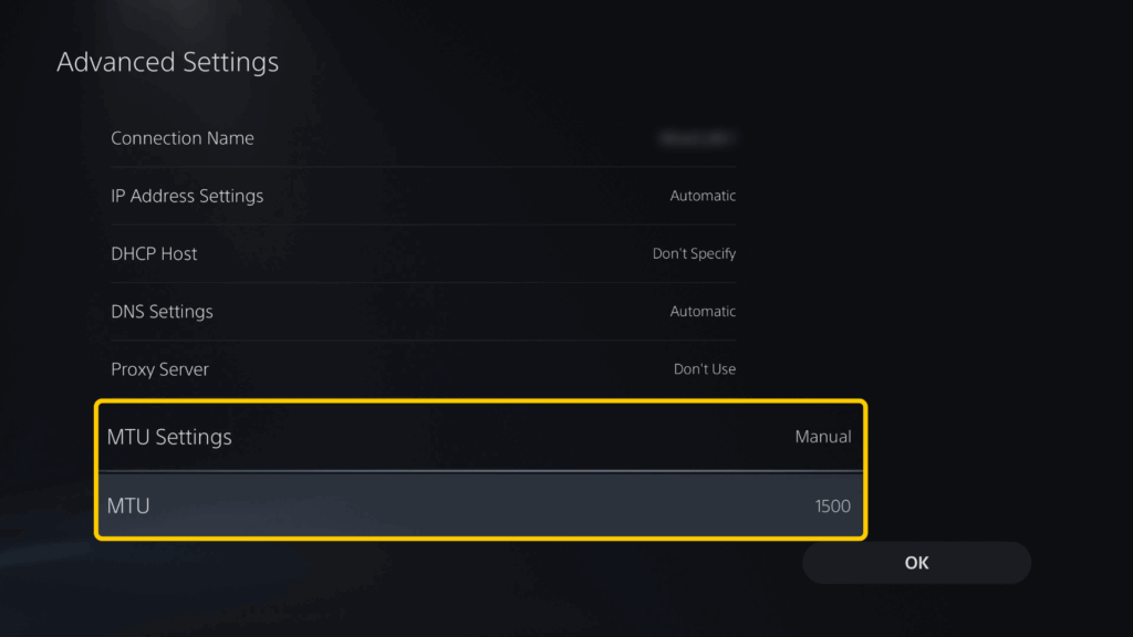 Screenshot highlighting MTU settings on PS5