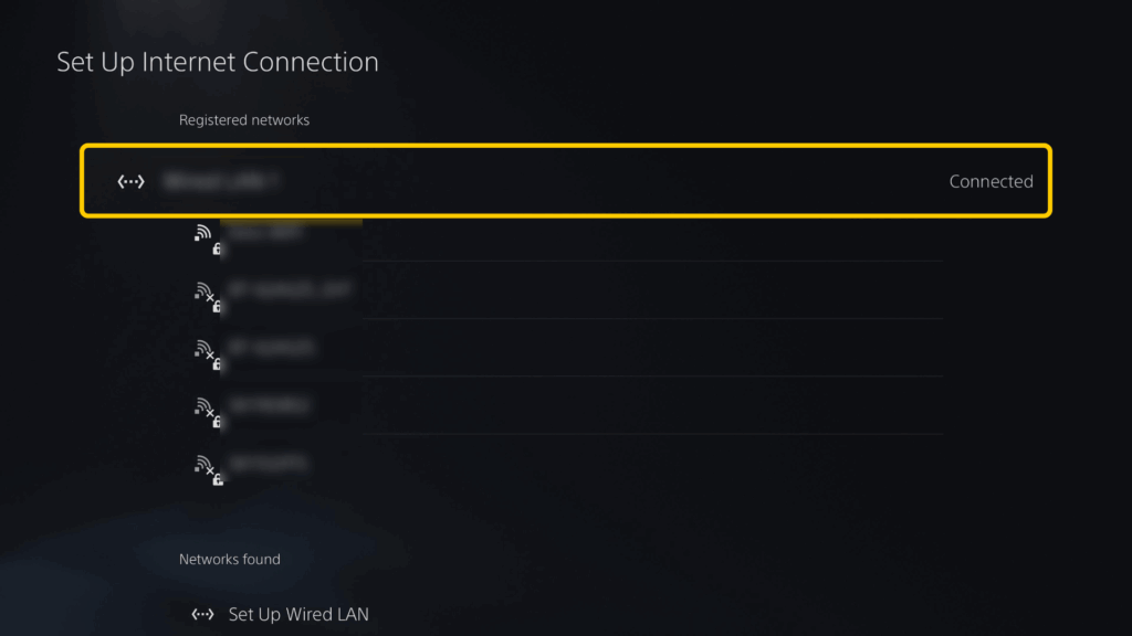 Screenshot of available internet connections on PS5