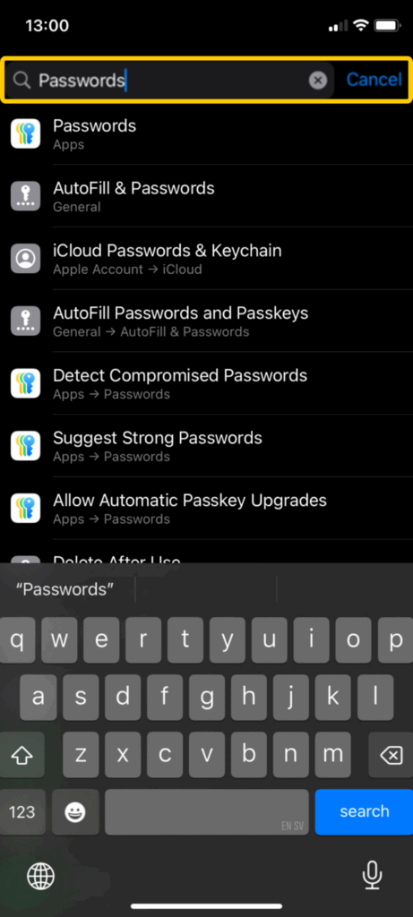 A screenshot showing how to find and access Passwords button on an iPhone