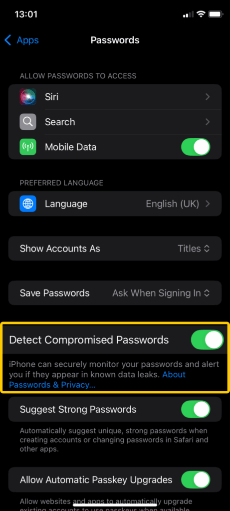 A screenshot showing how to toggle Detect Compromised Passwords button to On