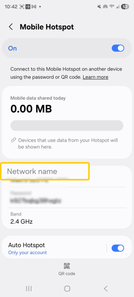 Screenshot of an Android phone's Mobile Hotspot settings highlighting the Network Name button