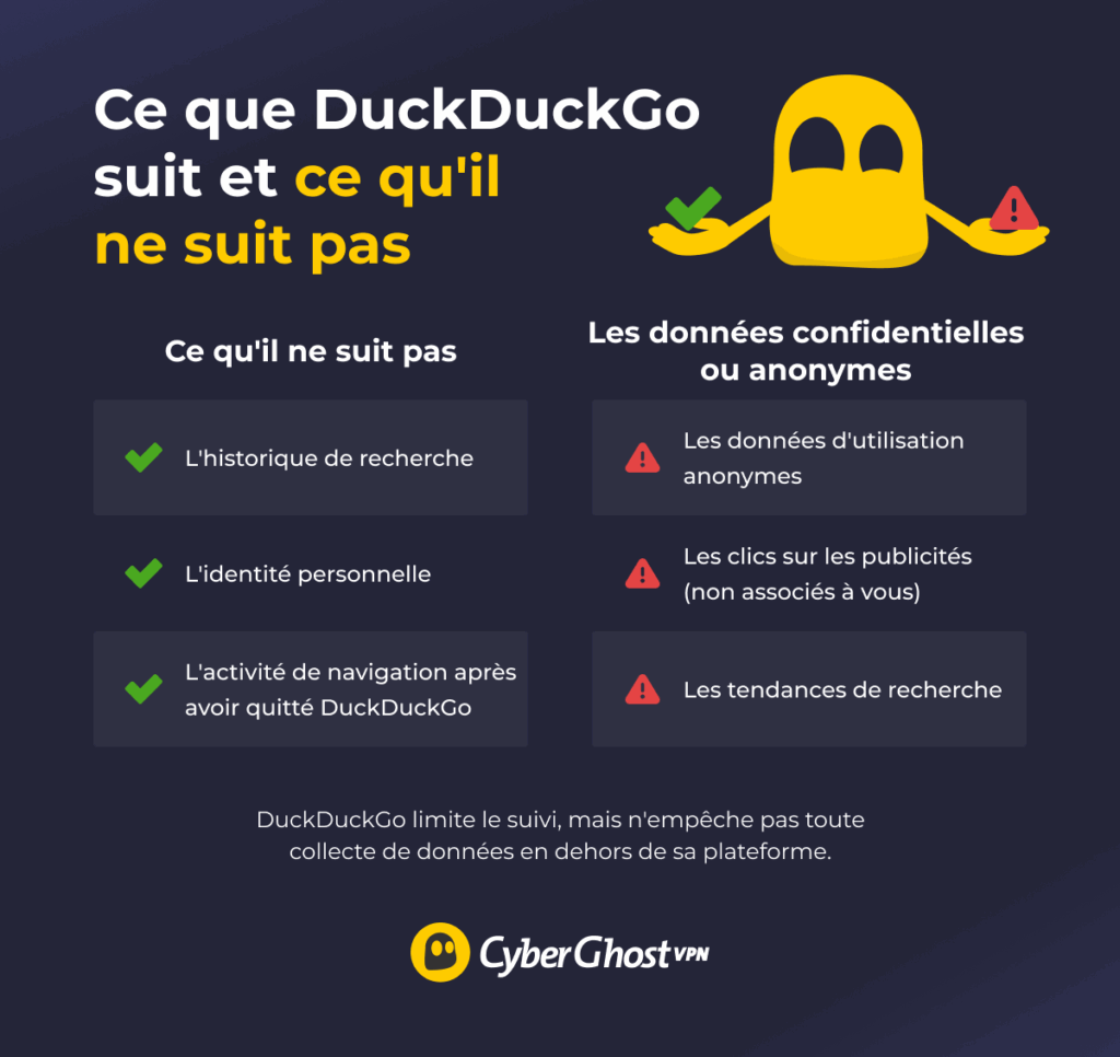 Infographie présentant clairement, sur deux colonnes, ce que DuckDuckGo enregistre et ce qu'il n'enregistre pas, réalisée par notre Ghostie