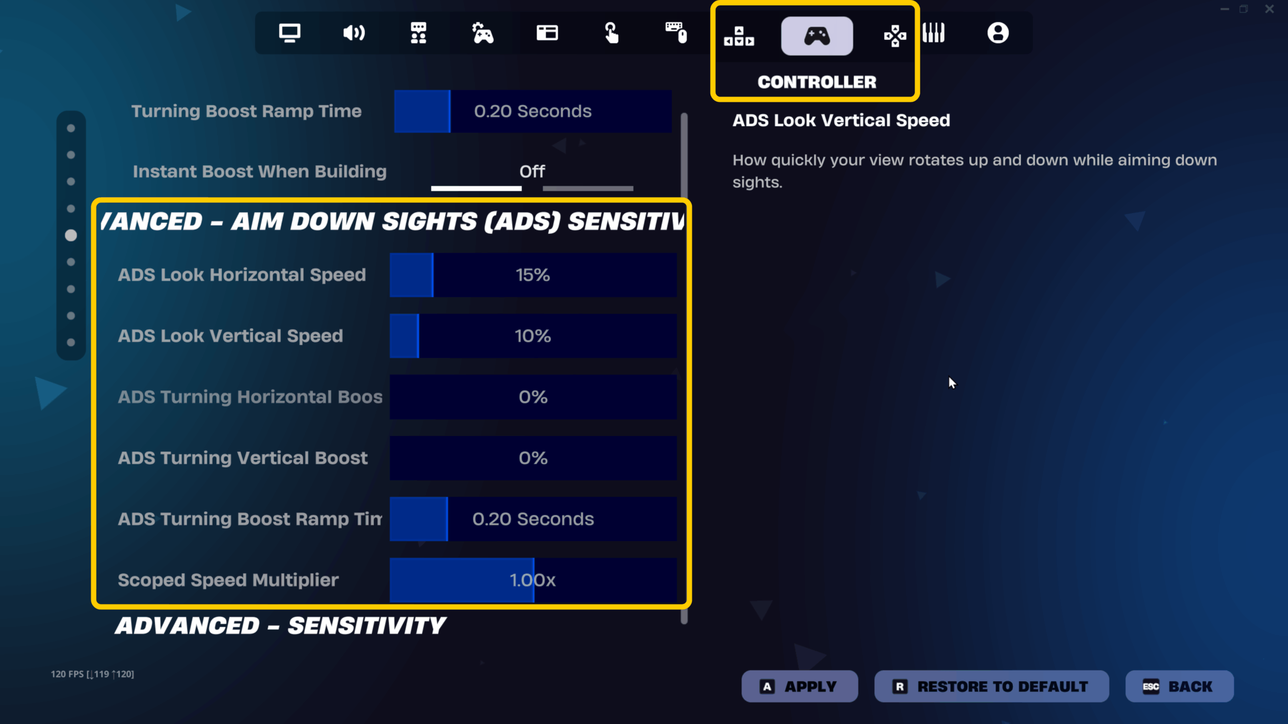 screenshot of controller ADS settings in Fortnite