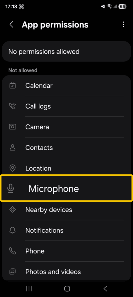 A screenshot showing how to find Microphone permissions on Android