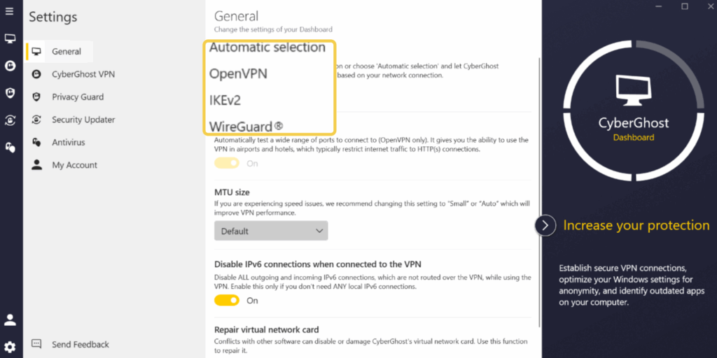 A screenshot of CyberGhost VPN windows app showing how to switch VPN protocols
