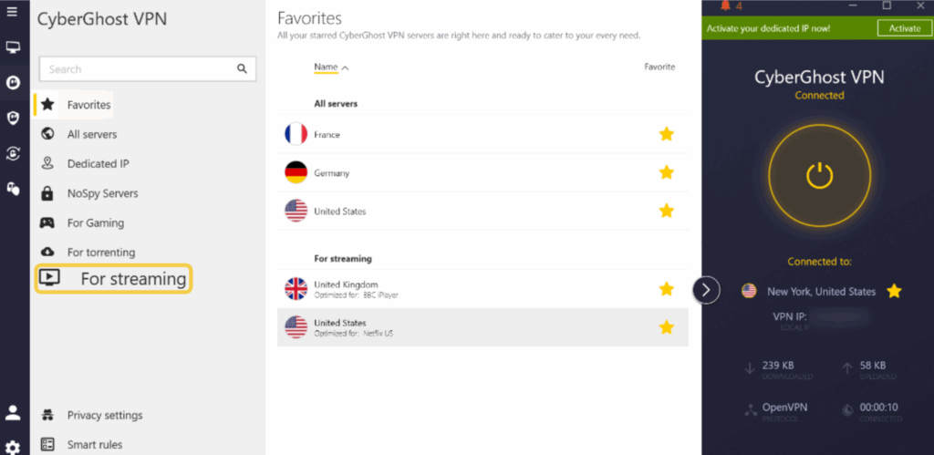 A screenshot of CyberGhost VPN windows app showing how to find servers optimized for streaming