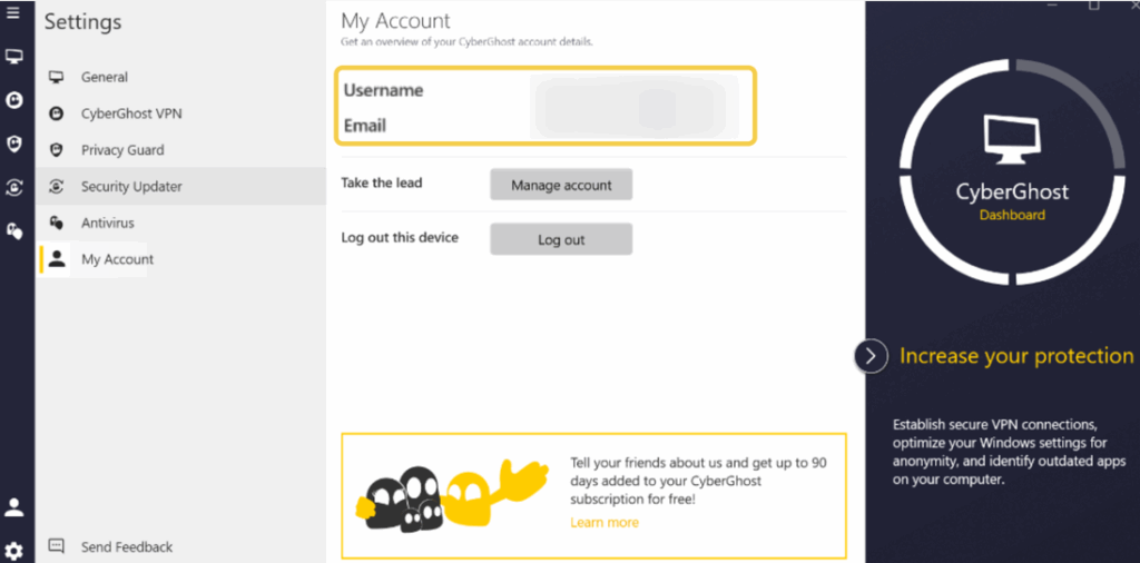 A screenshot of CyberGhost VPN Windows app dashboard an active account logged in
