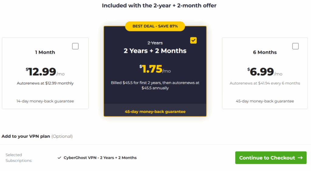 A screenshot of CyberGhost VPN website dashboard showing the plan options