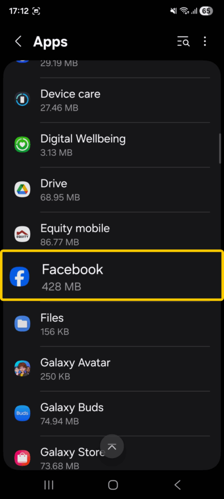A screenshot showing how to find Facebook in the list of apps on Android