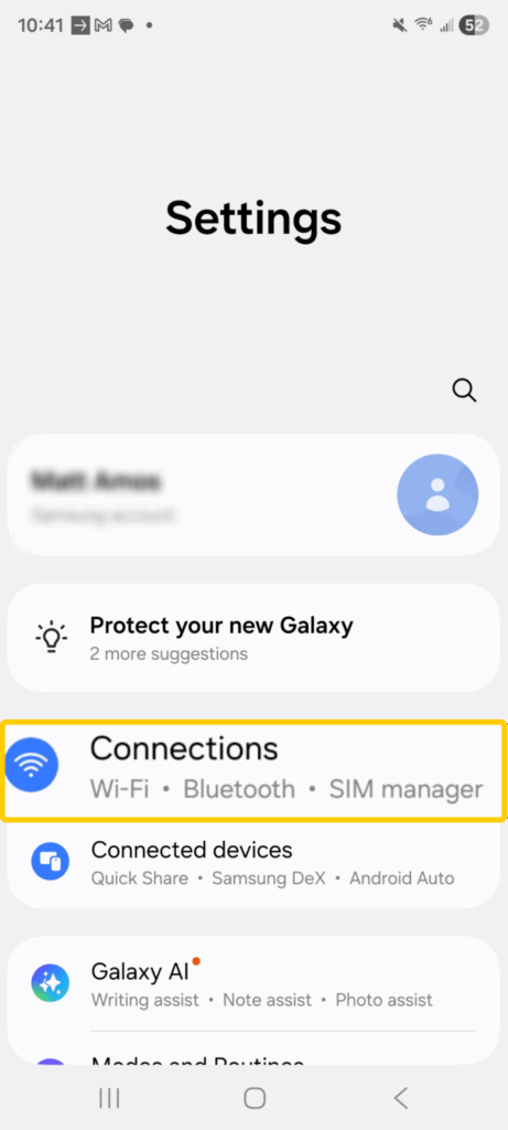 Screenshot of an Android phone's Connections section within the Settings menu