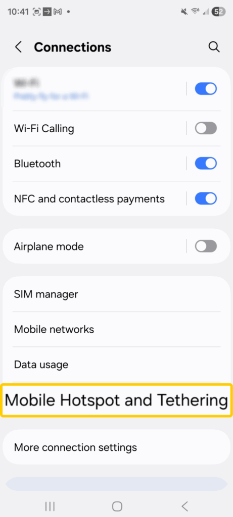 Screenshot of an Android phone's Connections settings highlighting the Mobile Hotspot and Tethering button