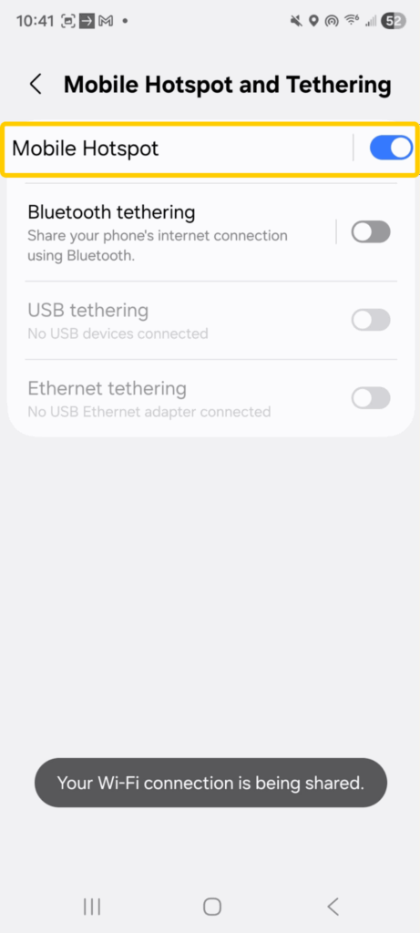 Screenshot of an Android phone's Mobile Hotspot and Tethering settings highlighting the Mobile Hotspot button