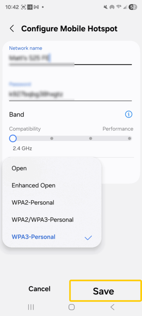 Screenshot of an Android Phone's Configure Mobile Hotspot settings highlighting the Save button