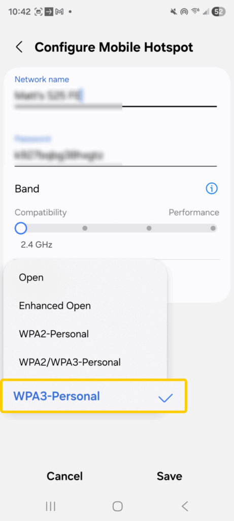 Screenshot of an Android Phone's Configure Mobile Hotspot settings highlighting where to choose WPA3